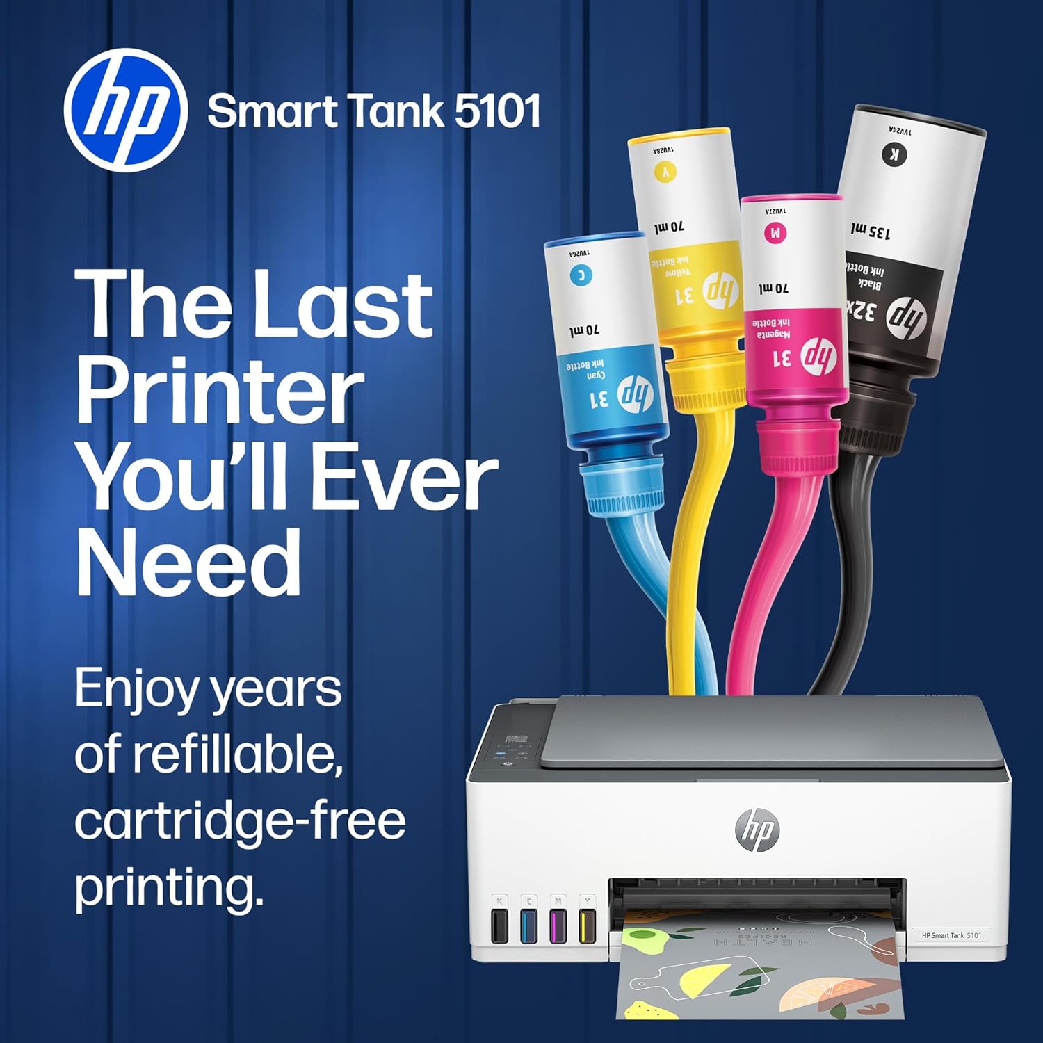 HP Smart Tank 5101 Wireless All-in-One Refillable Printer, Scanner, Copier with 2 years of Ink included, Wireless printer-for-home use an EcoTank Alternative (1F3Y0A)