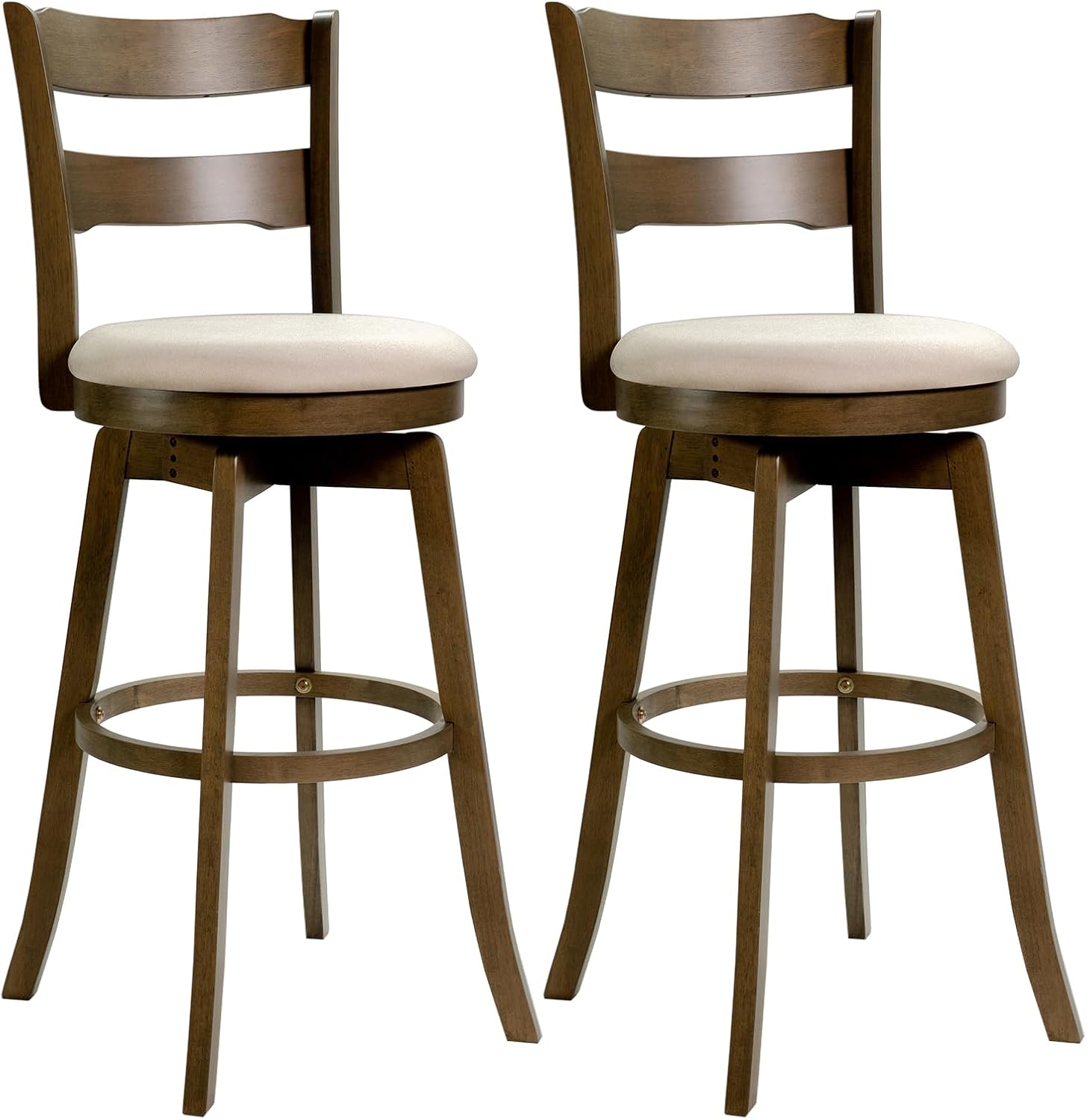 COSTWAY 30.5” Swivel Barstools Set of 2, 360° Rotating Bar Height Chairs with Backrest & Upholstered Seat, Rubber Wood High Top Seats with Footrest for Kitchen Island (2,30.5")