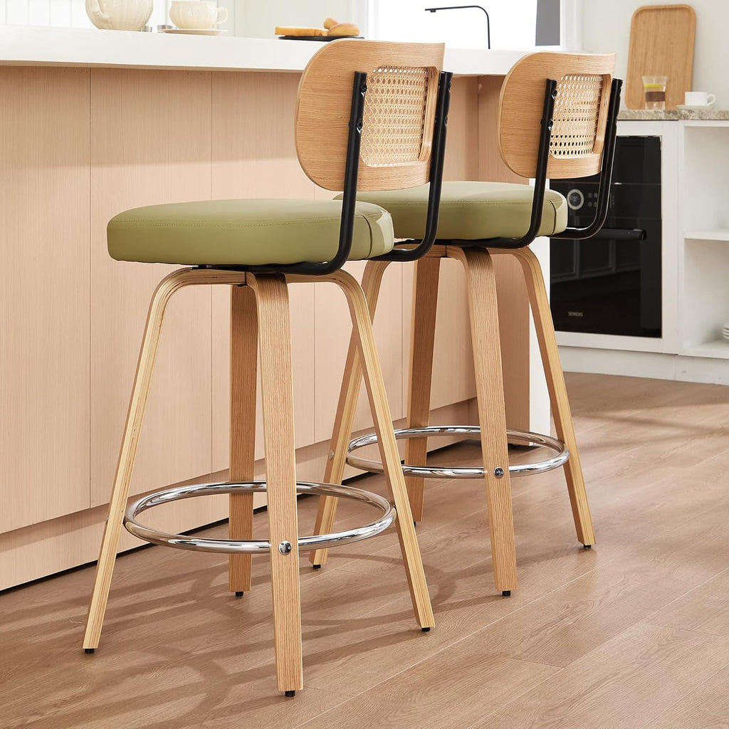 Rattan Bar Stools Set of 2,Upholstered PU Leather, 26'' Counter Height Barstools with Back and Wood Legs,360°Swivel,Mid-Century Modern Bar Stool for Kitchen Island Dining Room and Bar(Grass Green)