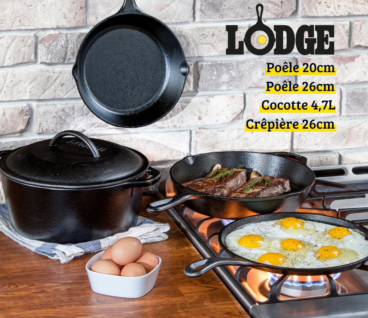 Lodge Cast Iron Set - 5-Piece Set - Pre-Seasoned Kitchen Set - Skillets, Griddle & Dutch Oven Included - PFAS-Free Non-Toxic Cookware