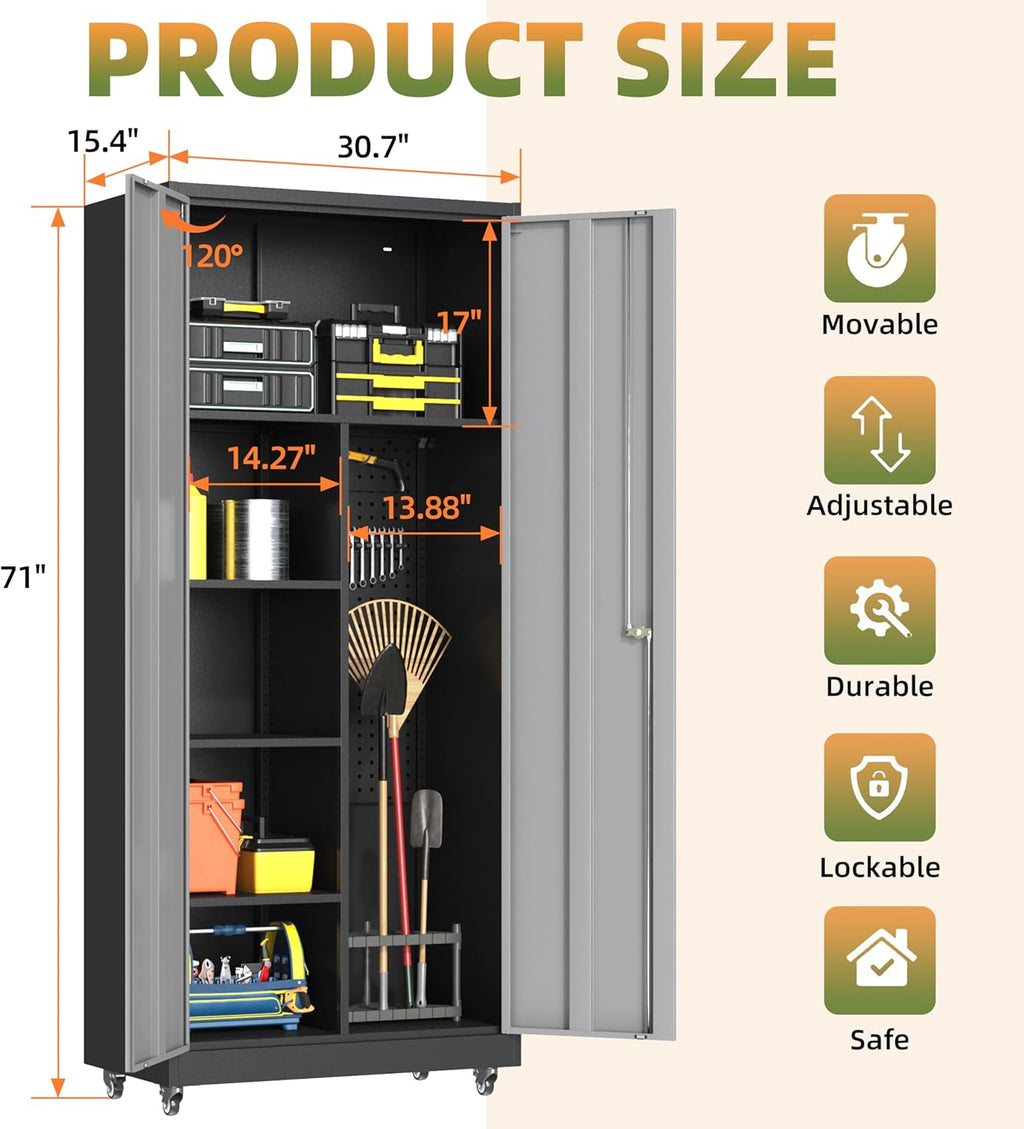 Metal Garage Storage Cabinet with Wheels, Locking Broom Closet Storage Cabinet with Adjustable Shelves, 71" H Tool Cabinet for Utility Room, Workshop, Warehouse