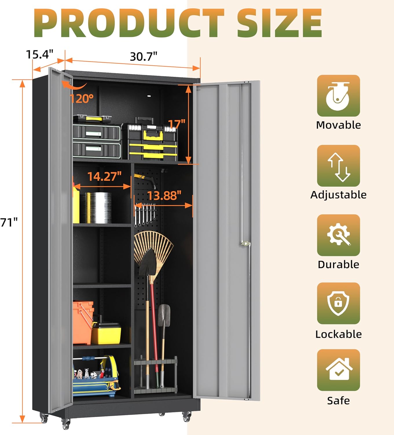 Metal Garage Storage Cabinet with Wheels, Locking Broom Closet Storage Cabinet with Adjustable Shelves, 71" H Tool Cabinet for Utility Room, Workshop, Warehouse