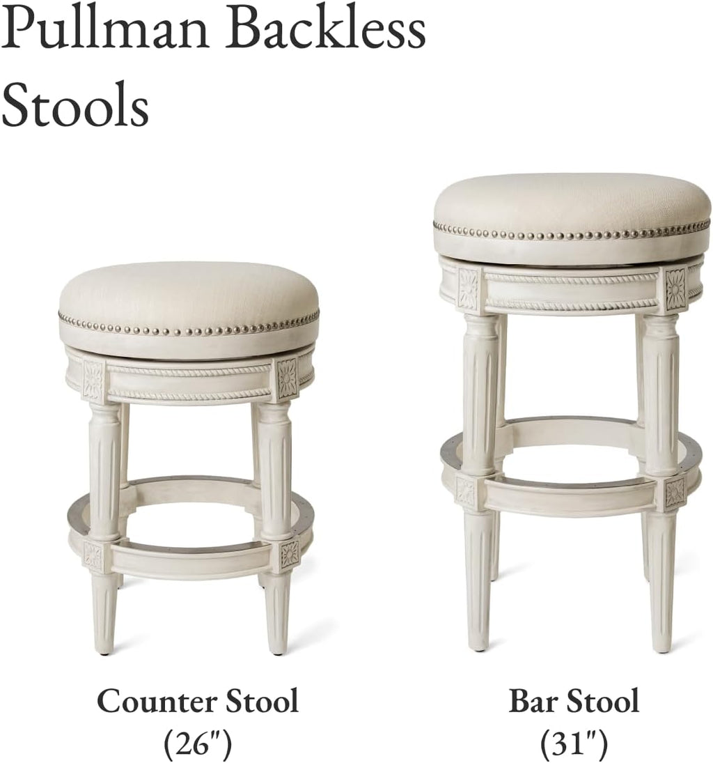 Maven Lane Pullman Backless Bar Stool 31 Inches – Swivel Stool with Footrest – White Solid Wood Frame & Natural Fabric Upholstery – Perfect for Bars, Pub Tables & Tall Kitchen Counters