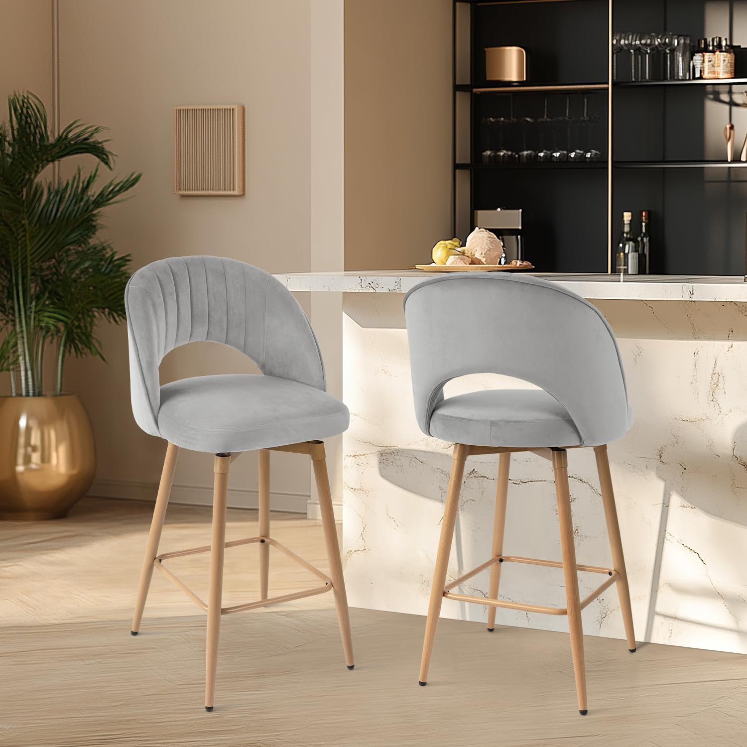 Swivel Bar Stools Set of 3, Counter Height Barstools for Kitchen Island, 26" Seat Height Bar Chairs for Dining Room, Velvet Upholstered Bar Stool with Back and Footrest, Gray