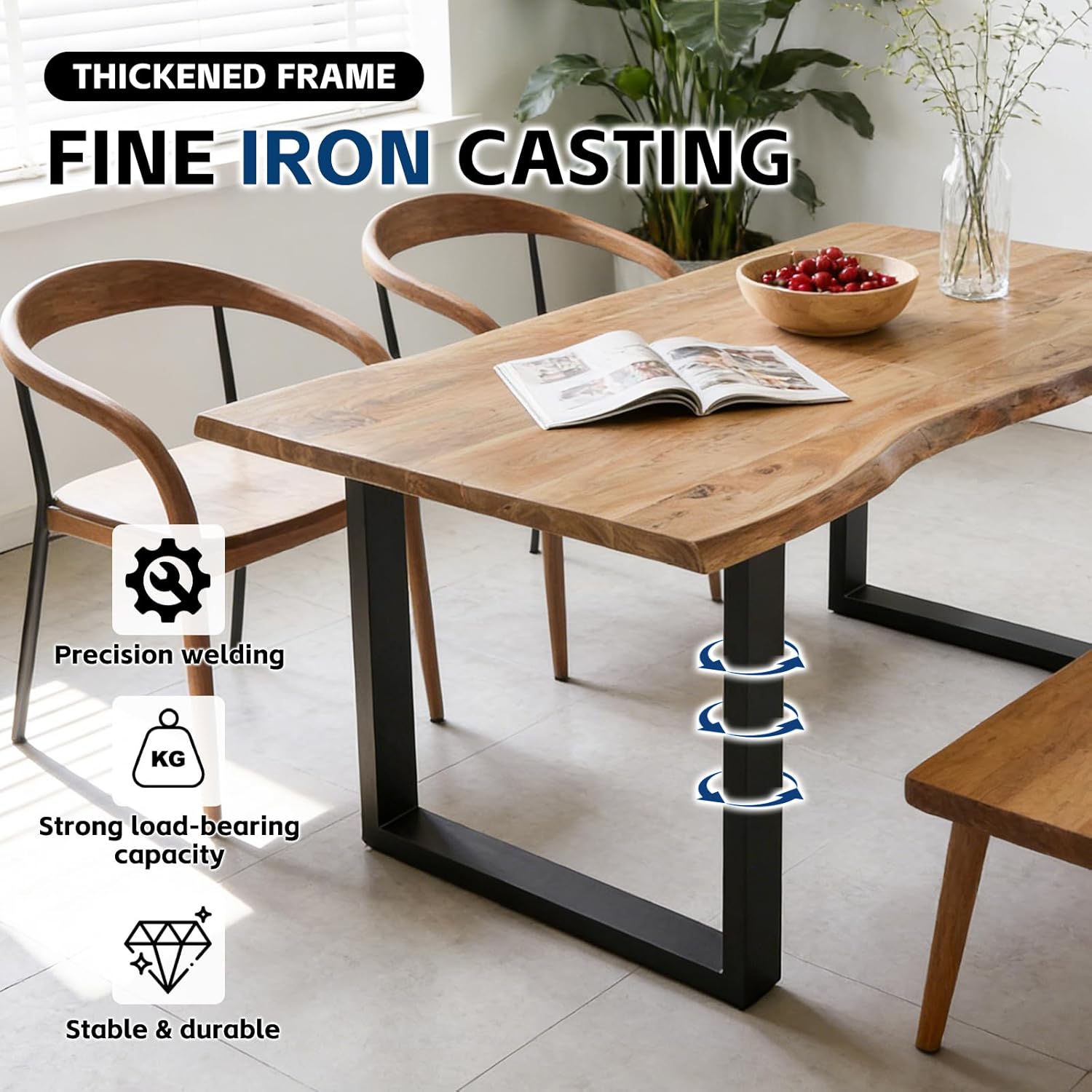 Industrial Solid Wood Dining Table,2" Solid Wood Top,Live Edge Style Kitchen Table for 4-8 People,Farmhouse Dining Room Table for Home, Restaurant or Coffee Shop