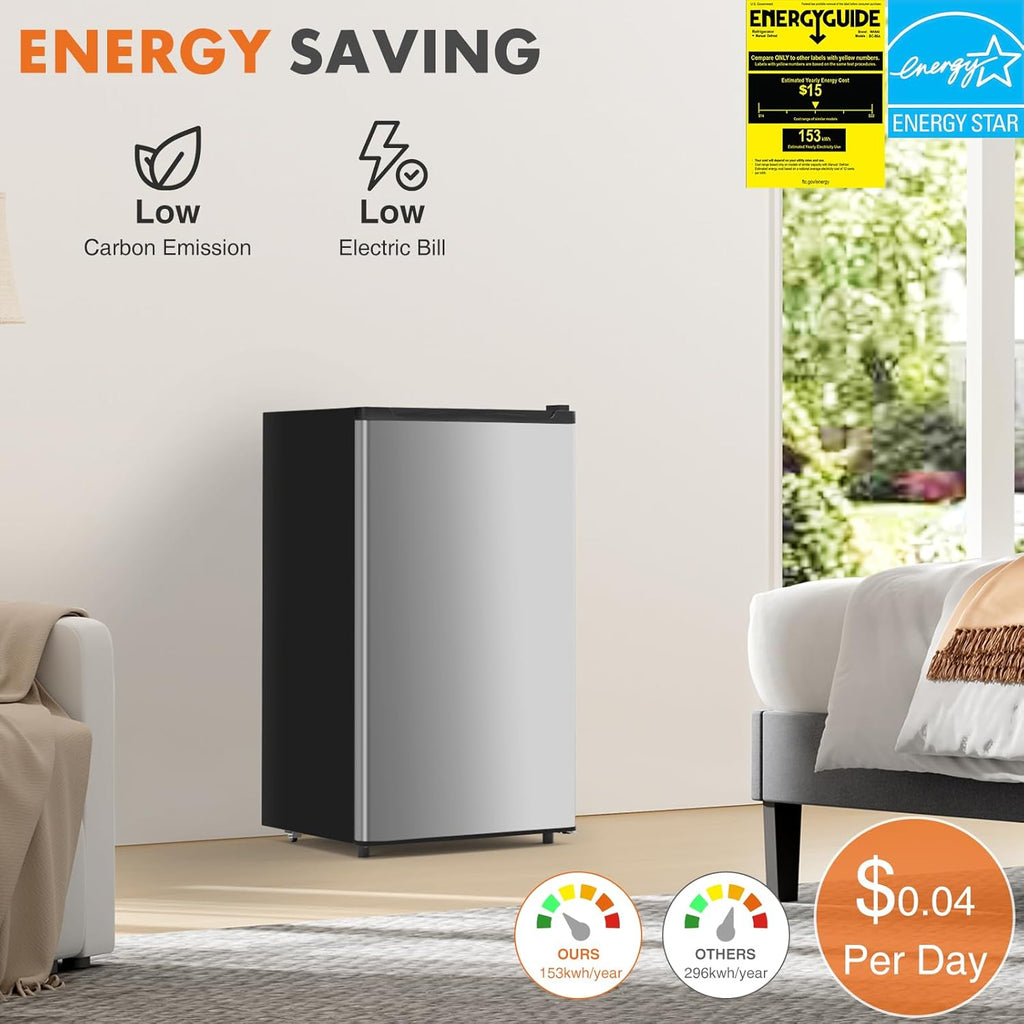 Sweetcrispy 3.2 Cu.Ft Mini Fridge with Freezer, 2 Door Small Refrigerator with Adjustable Thermostat Energy-efficient Low Noise, Compact Fridge for Bedroom, Office, Dorm, Silver