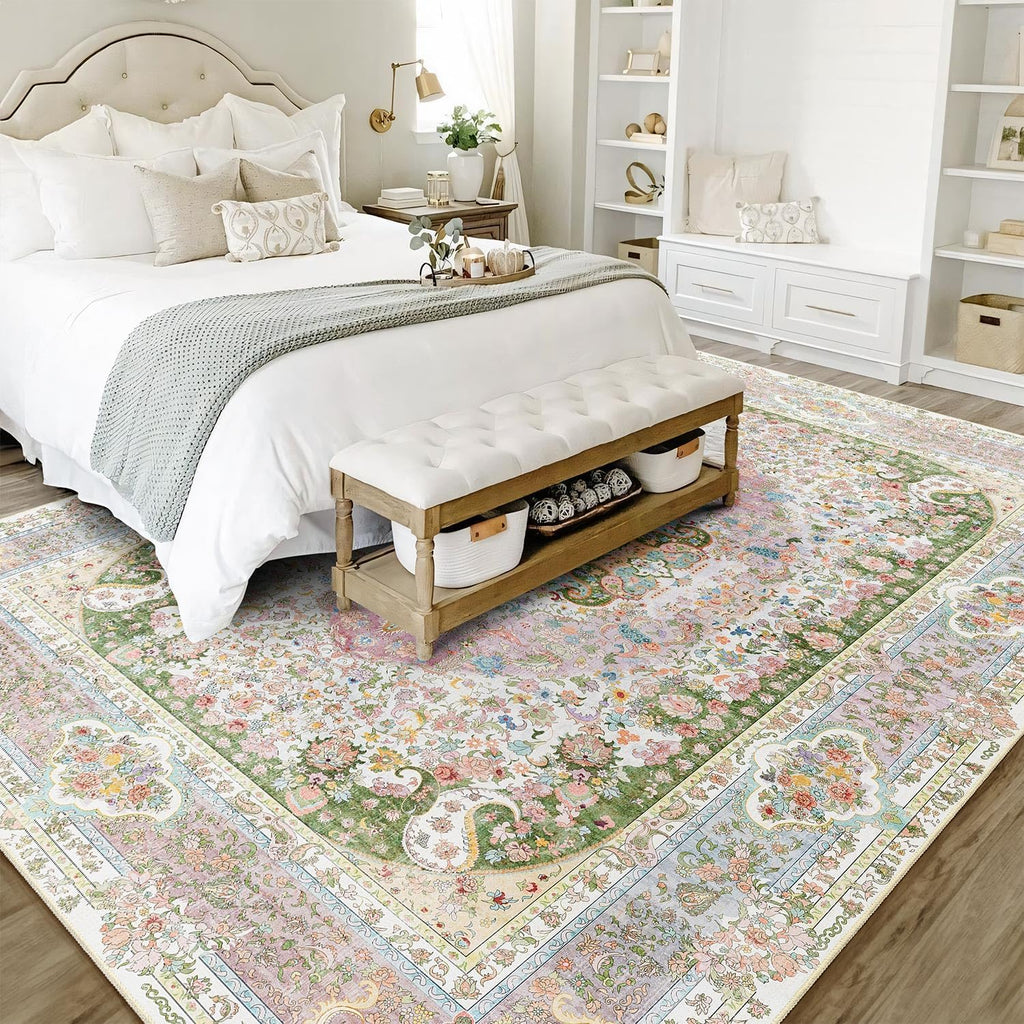 8x10 Area Rugs Washable,Pink Rug for Living Room Bedroom Dining Room,Large Boho Vintage Bohemian Distressed Carpet Non Slip,Blush Green