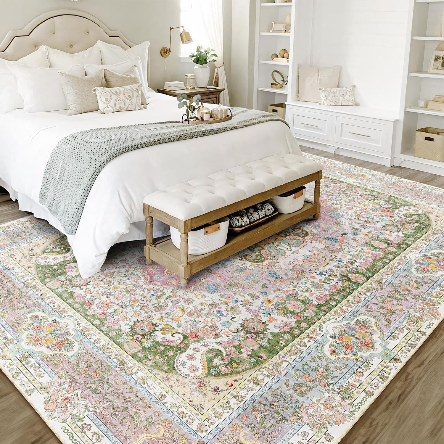 8x10 Area Rugs Washable,Pink Rug for Living Room Bedroom Dining Room,Large Boho Vintage Bohemian Distressed Carpet Non Slip,Blush Green