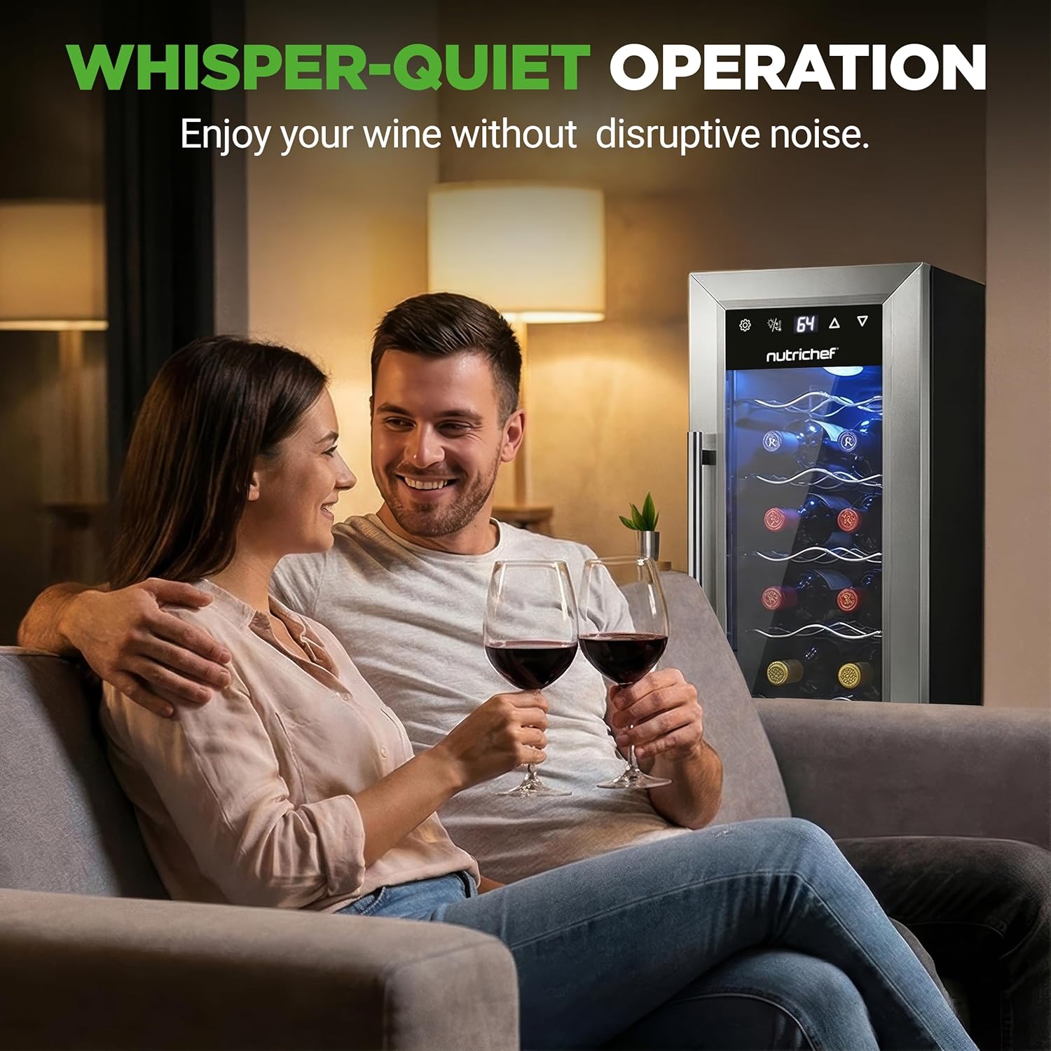 Nutrichef 12 Bottle Stainless Steel Slim Wine Fridge | Red & White Wine Chiller | Adjustable Temperature Control, Ultra Quiet Operation & Energy Efficient | Mini Wine Cooler Refrigerator | 31x10x17 IN