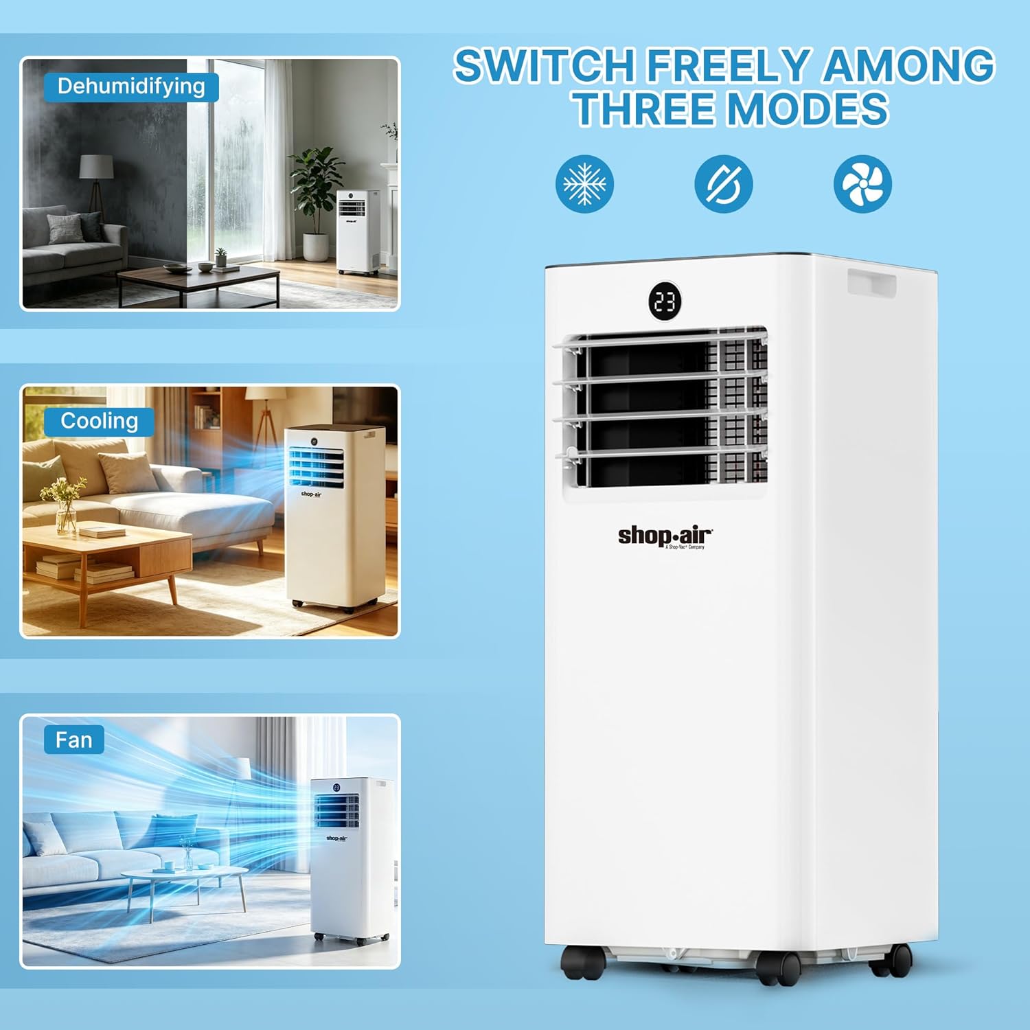 Shop-Air 10,000 BTU Portable Air Conditioner for Rooms up to 430 Sq. Ft, 3-in-1 Portable AC Unit for Rooms with Remote Control, Fast Cooling, Dehumidifier, Quiet Sleep Mode, Window Kit Included