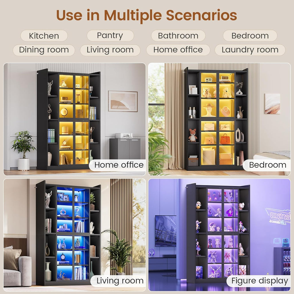 SEDETA 71" Display Cabinet with Acrylic Glass Doors, 6 Tier Display Cases for Collectibles, Curio Cabinet with LED Lights, Tall Bookcase with Adjustable Shelves, Black
