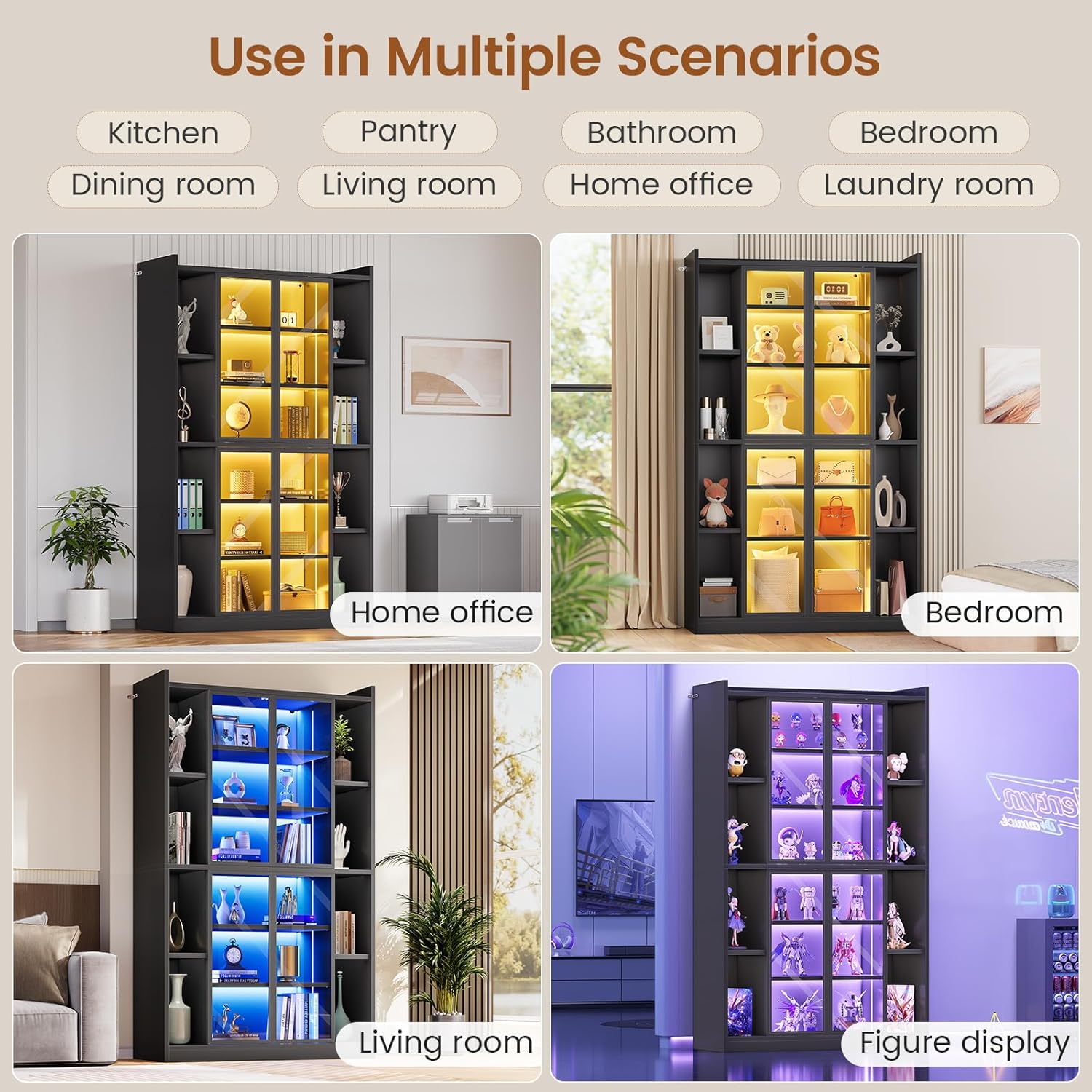SEDETA 71" Display Cabinet with Acrylic Glass Doors, 6 Tier Display Cases for Collectibles, Curio Cabinet with LED Lights, Tall Bookcase with Adjustable Shelves, Black