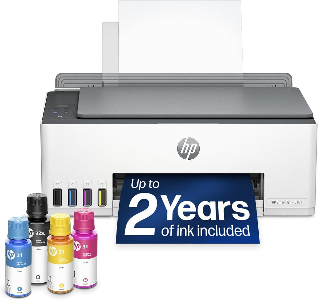 HP Smart Tank 5101 Wireless All-in-One Refillable Printer, Scanner, Copier with 2 years of Ink included, Wireless printer-for-home use an EcoTank Alternative (1F3Y0A)