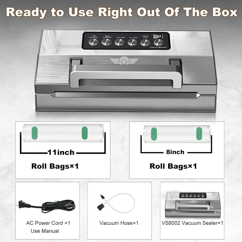 Precision Food Vacuum Sealer Machine, POWOT Fully Automatic Vacuum Sealing System, Commercial Food Vacuum Saver Pro, Double Heat Seal, Easy-Lock Handle, Built-in Cutter&Bag Storage, Hose&Bag Rolls