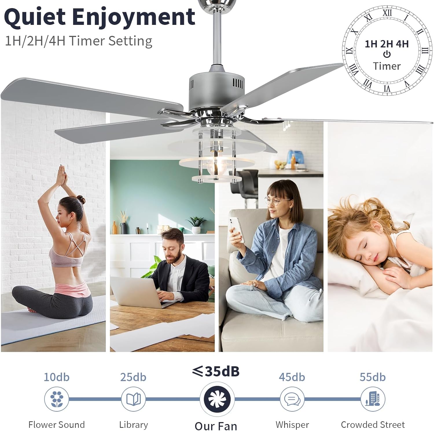 52" Ceiling Fan with Light Modern Chrome Chandelier Fan Reversible DC Motor Quiet Fandelier with 5 Blades for Bedroom, Living Room, Patios, Shop, Ventilador de Techo
