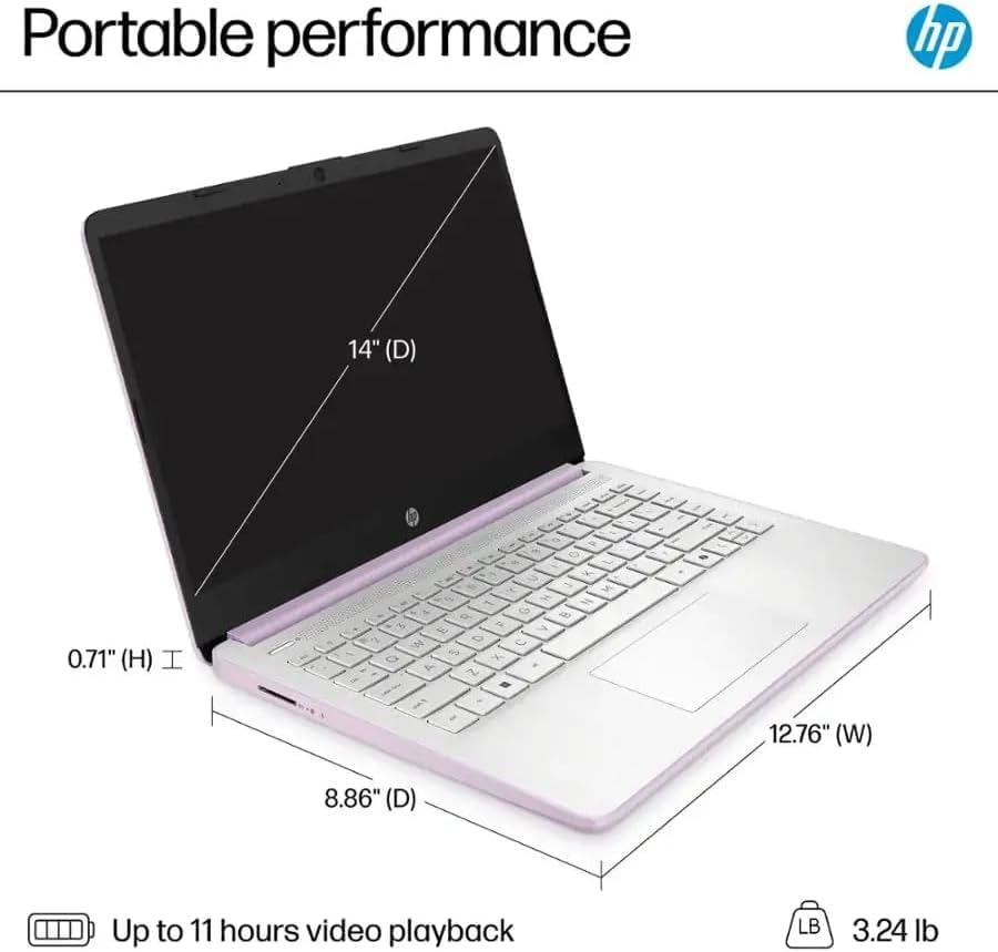 HP 14" HD Student Business Laptop, Intel Quad-Core N150, 8GB RAM, 128GB UFS, 1 Year Office 365, Slim Design, Webcam, HDMI, Bluetooth, WiFi, Win 11 S, Honey Lavender