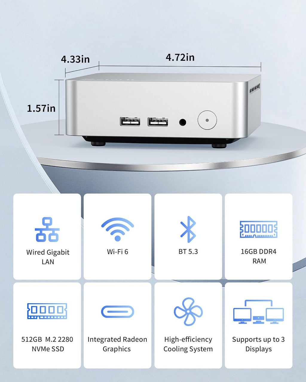 Getorli Mini PC Ryzen 5 3550H (Up to 3.7GHz), 16GB DDR4 512GB NVMe SSD Desktop Computer, Support Triple Display 4K, WiFi 6, BT 5.3, Gigabit LAN, Mini Desktop Computer for Office, Home, Study