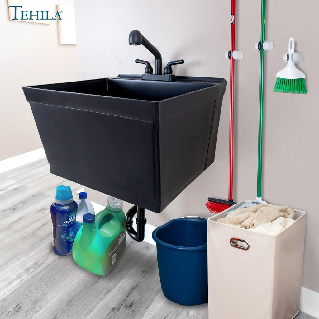 JS Jackson Supplies Tehila Black Wall-Mounted Utility Sink Tub Kit with Matte Black Finish Pullout Faucet, Wall-Mounted Utility Tub with Wall Bracket for Laundry Room, Garage, Workshop