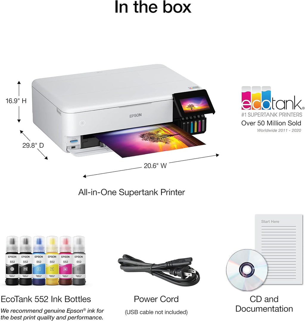 Epson EcoTank Photo ET-8550 Wireless Wide-Format Color All-in-One Supertank Printer - Scanner, Copier - Ethernet - 4.3-inch Color Touchscreen
