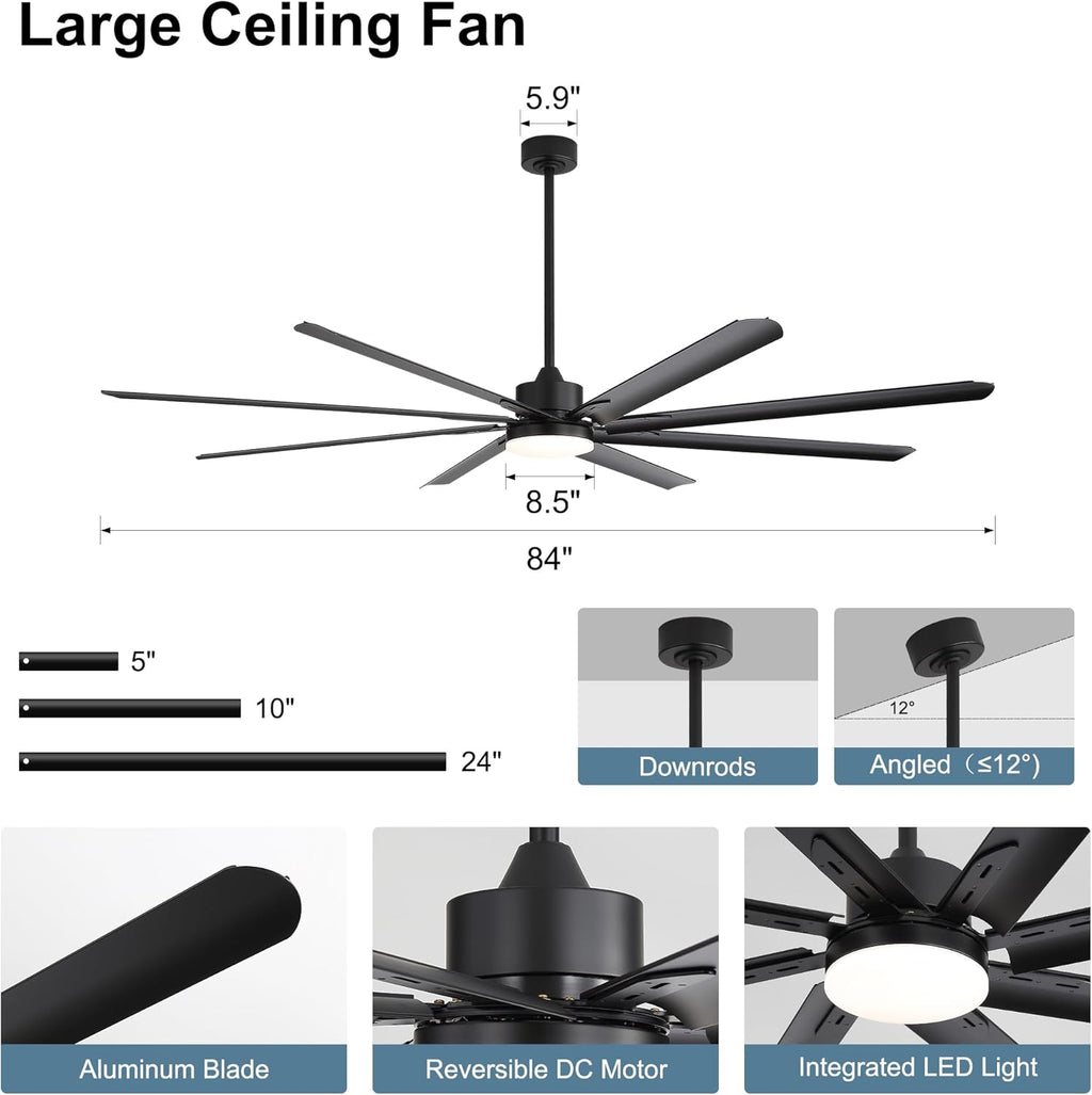 84 Inch Celing Fan with Light and Remote, Large Celing Fan with 8 Black Aluminum Blades, 6 Wind Speeds, Quiet DC Motor, HVLS Ceiling Fan for Living Room Garage Patio Gym Shop