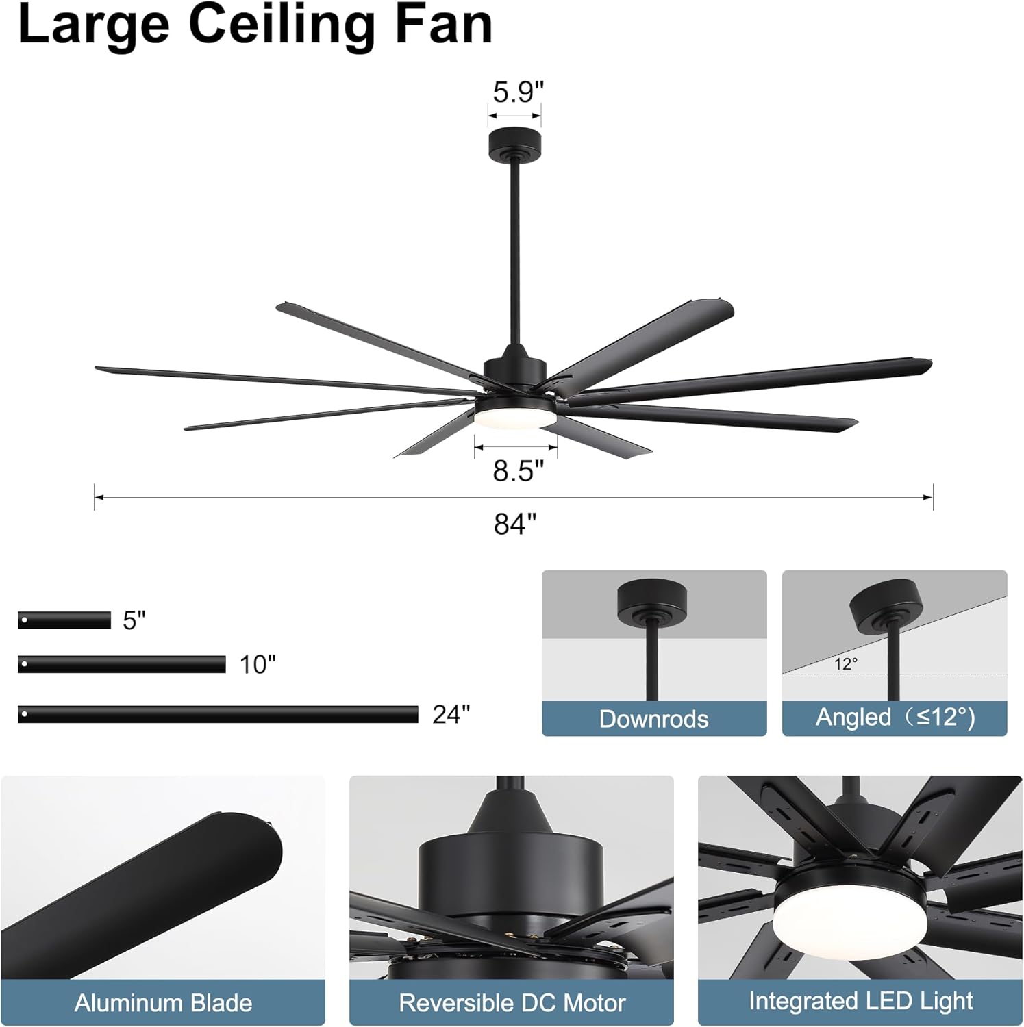 84 Inch Celing Fan with Light and Remote, Large Celing Fan with 8 Black Aluminum Blades, 6 Wind Speeds, Quiet DC Motor, HVLS Ceiling Fan for Living Room Garage Patio Gym Shop