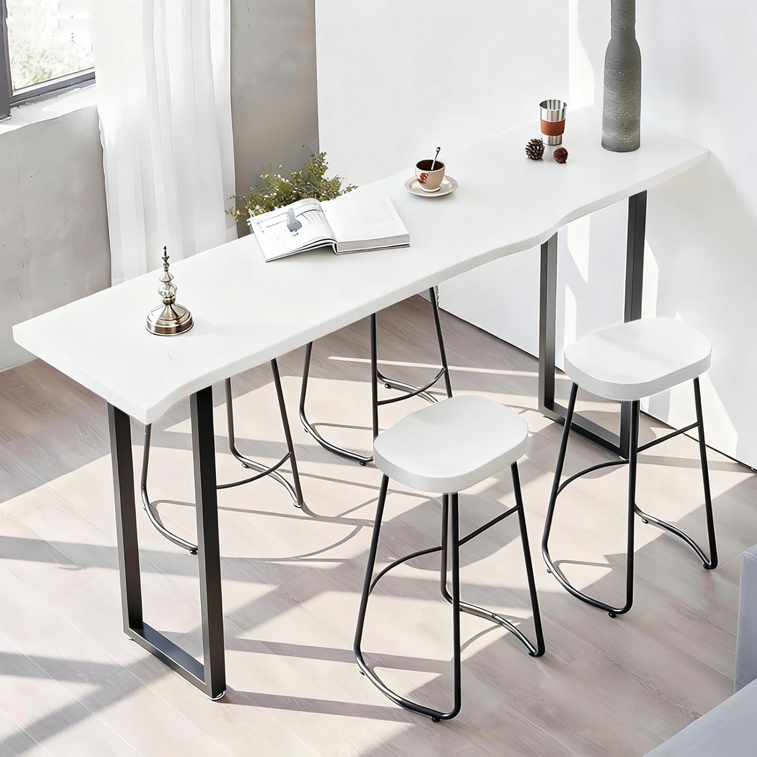 Solid Wood Bar Table, Metal Frame High Top Table, Rustic Industrial Pub Table, Narrow Long Height Tables for Kitchen Living Room Coffee Shop Small Space (no Stool Included)