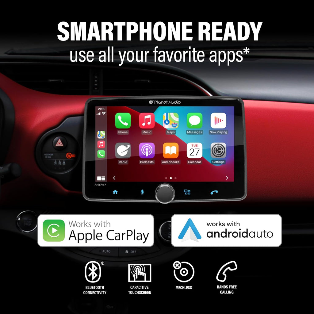 Planet Audio P70CPA-CF Car Stereo - Apple CarPlay, Android Auto, Single Din, 7 Inch Touchscreen, Bluetooth, No CD DVD Player, AM/FM Radio Receiver, Backup Camera