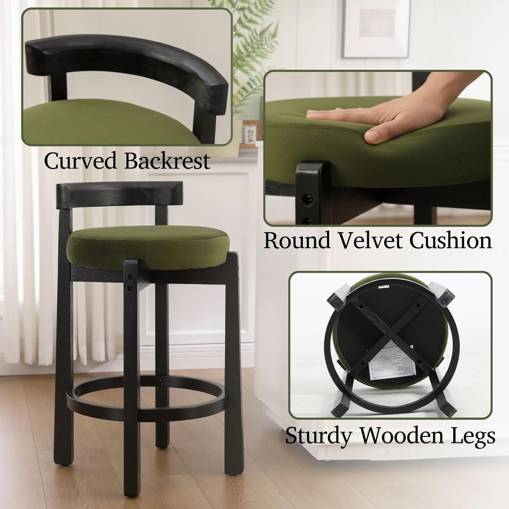 LukeAlon Mid Century Velvet Counter Stools Set of 6, Upholstered 26.5” Seat Height Barstools with Black Wood Legs Retro Modern Round Kitchen Stools with Footrest for Dining Room Bar Coffee Shop, Green