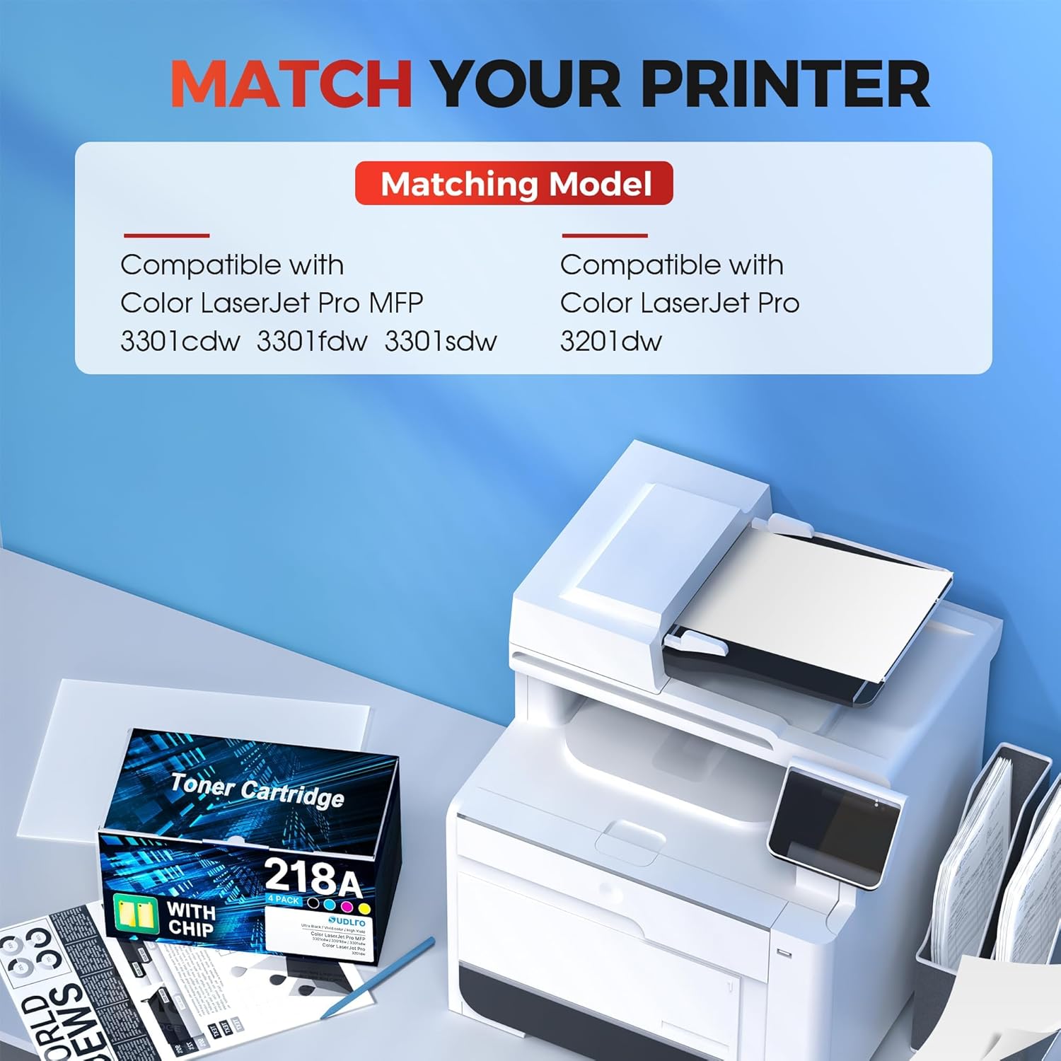 Compatible HP 218A Toner Cartridges 4 Pack 3301fdw 3301 218 Toner Work for HP 218A 218X Color LaserJet Pro MFP 3301cdw 3201dw 3301sdw Printer Ink | for HP218A W2180A W2180X 218A Toner with Chip
