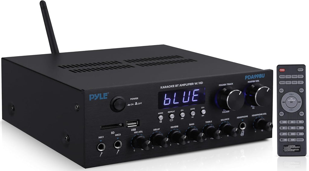 Pyle Wireless Bluetooth Streaming Amplifier - 300W Multi Channel Receiver with Dual Hi Def in/Out, Optical/Coaxial w/ 24 Bit decoding, Aluminum Control Knobs, Headphone Out, USB-A/SD - PDA99BU
