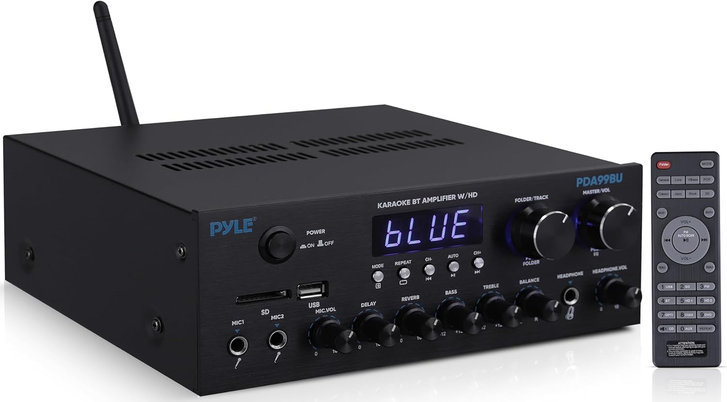 Pyle Wireless Bluetooth Streaming Amplifier - 300W Multi Channel Receiver with Dual Hi Def in/Out, Optical/Coaxial w/ 24 Bit decoding, Aluminum Control Knobs, Headphone Out, USB-A/SD - PDA99BU