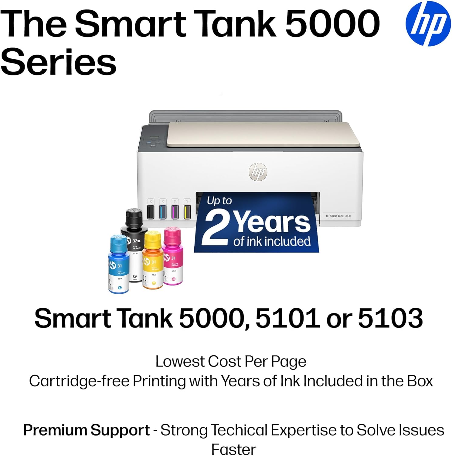 HP Smart Tank 5101 Wireless All-in-One Refillable Printer, Scanner, Copier with 2 years of Ink included, Wireless printer-for-home use an EcoTank Alternative (1F3Y0A)