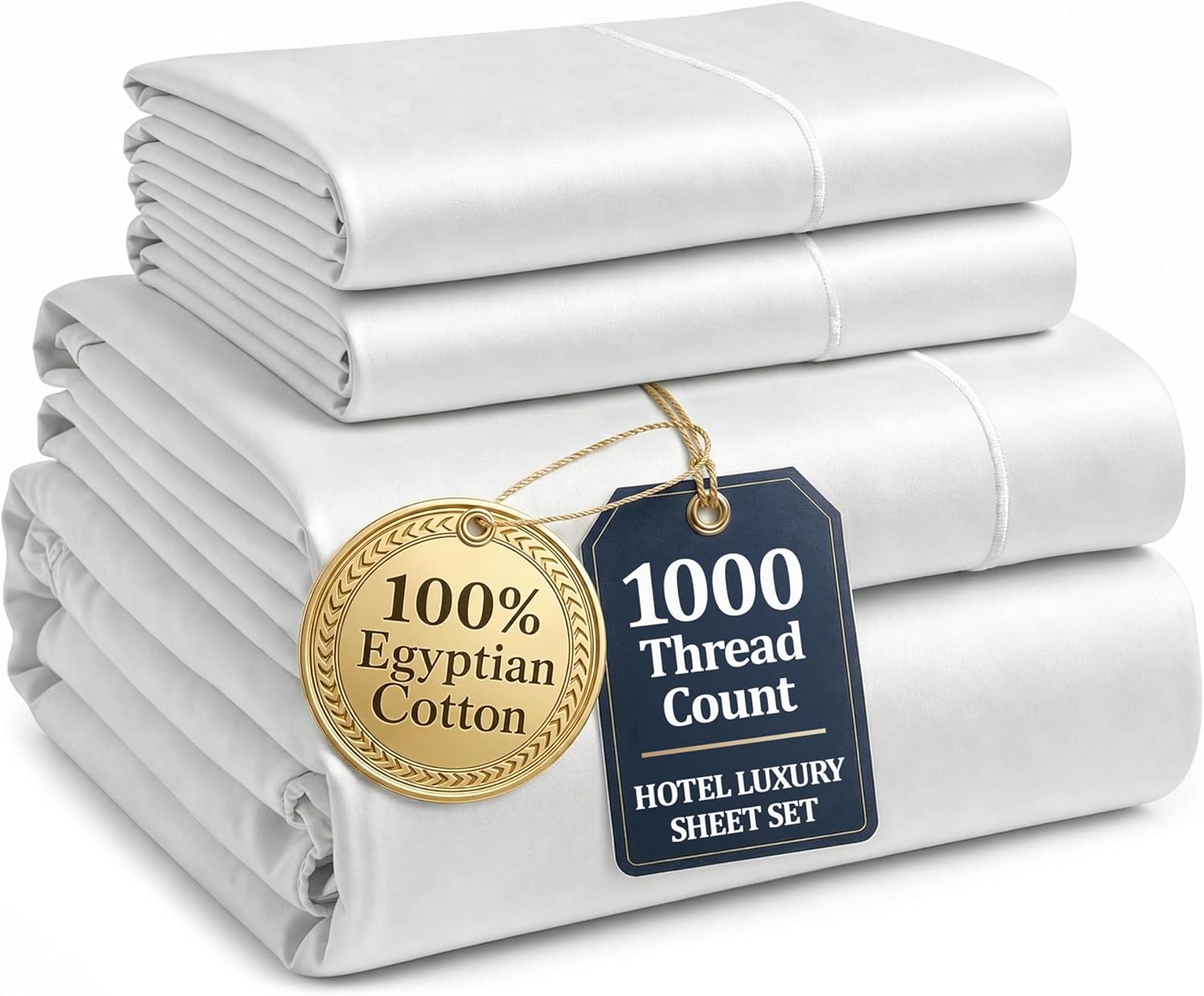 100% Egyptian Cotton Sheets King Size - 1000 Thread Count Silky Sateen King Size Sheets Set, Naturally Cooling & Breathable, Ultra-Soft Hotel Luxury Sheets with 15" Snug Fit Deep Pockets - White