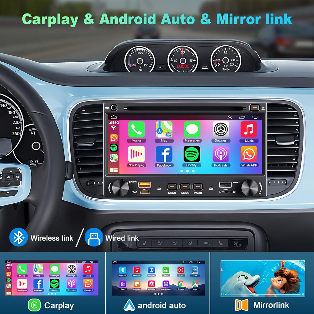 Double Din Carplay Car Radio with CD/DVD, 7 Inch Touchscreen Stereo with Wireless CarPlay & Android Auto Support Backup Camera, Bluetooth & Voice Control, Mirror Link, Subwoofer,SWC, AM/FM Radio