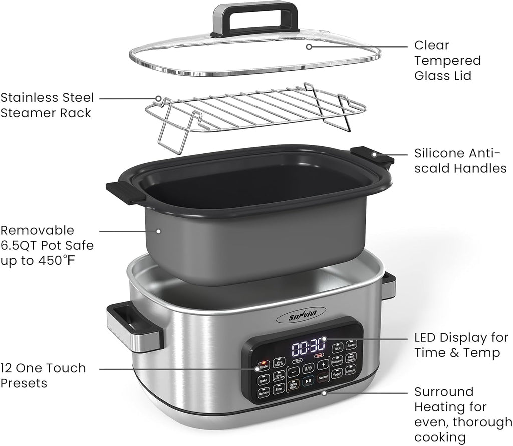 Sunvivi 12-in-1 Multi Cooker, 6.5QT Programmable Slow Cooker with Timer & Temp Control, Auto Warm Setting, Delay Start, Dishwasher Safe Lid & Removable Nonstick Crock, Stainless Steel Rack, Sliver