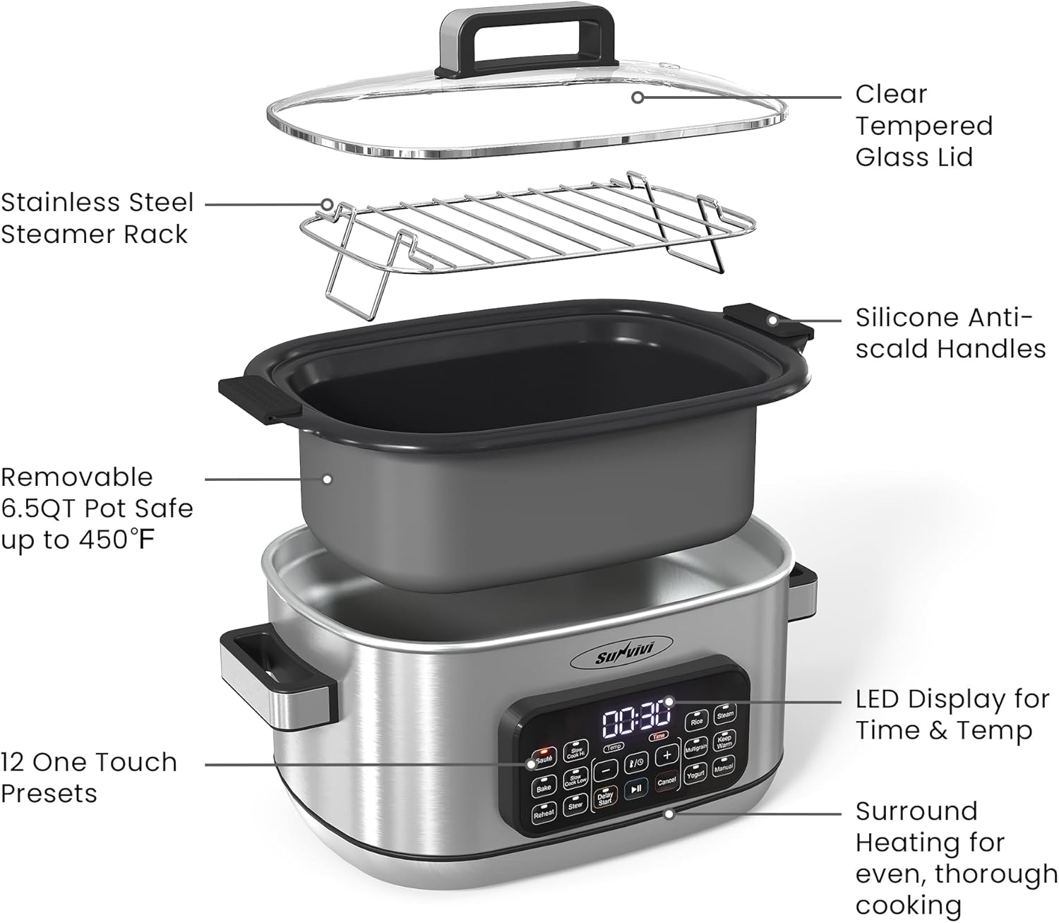 Sunvivi 12-in-1 Multi Cooker, 6.5QT Programmable Slow Cooker with Timer & Temp Control, Auto Warm Setting, Delay Start, Dishwasher Safe Lid & Removable Nonstick Crock, Stainless Steel Rack, Sliver
