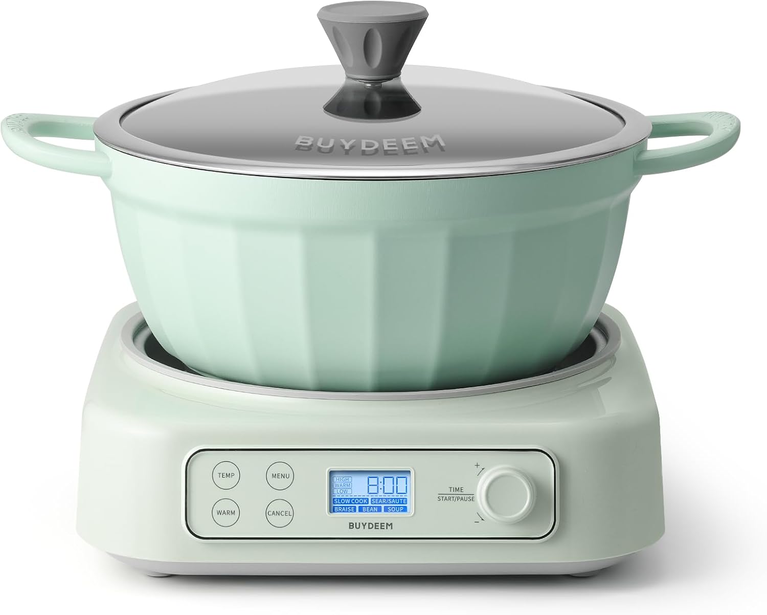 BUYDEEM 5-in-1 Slow Cooker 4.7QT with Removable Nonstick Stockpot, Compatible with Various Cookwares, Two Temperature Controls, Customized Time Settings, Auto Keep Warm for 2H, Cozy Greenish