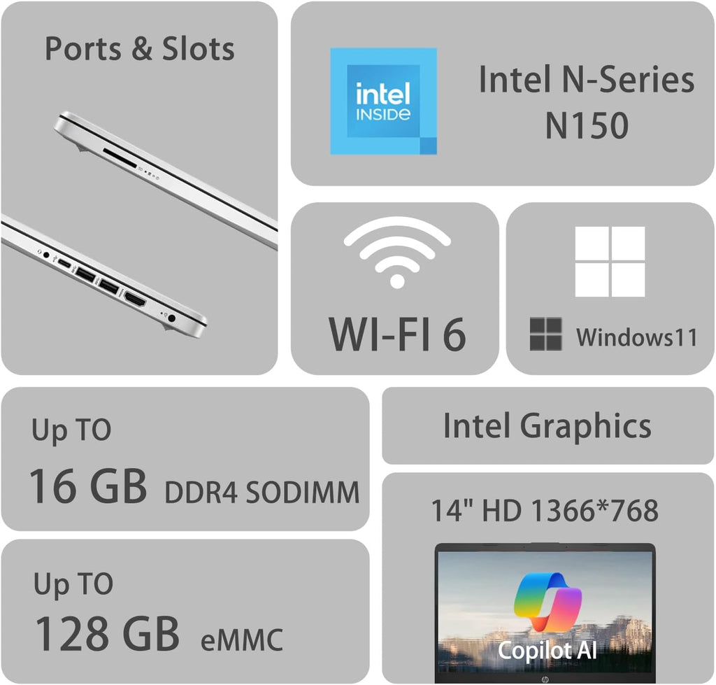 HP 14" Laptop w/Office 365, Copilot AI, Intel 4-Core CPU, 8GB RAM, 128GB eMMC, SD Card Reader, Wi-Fi 6, Windows 11 Home, w/Laptop Cooler