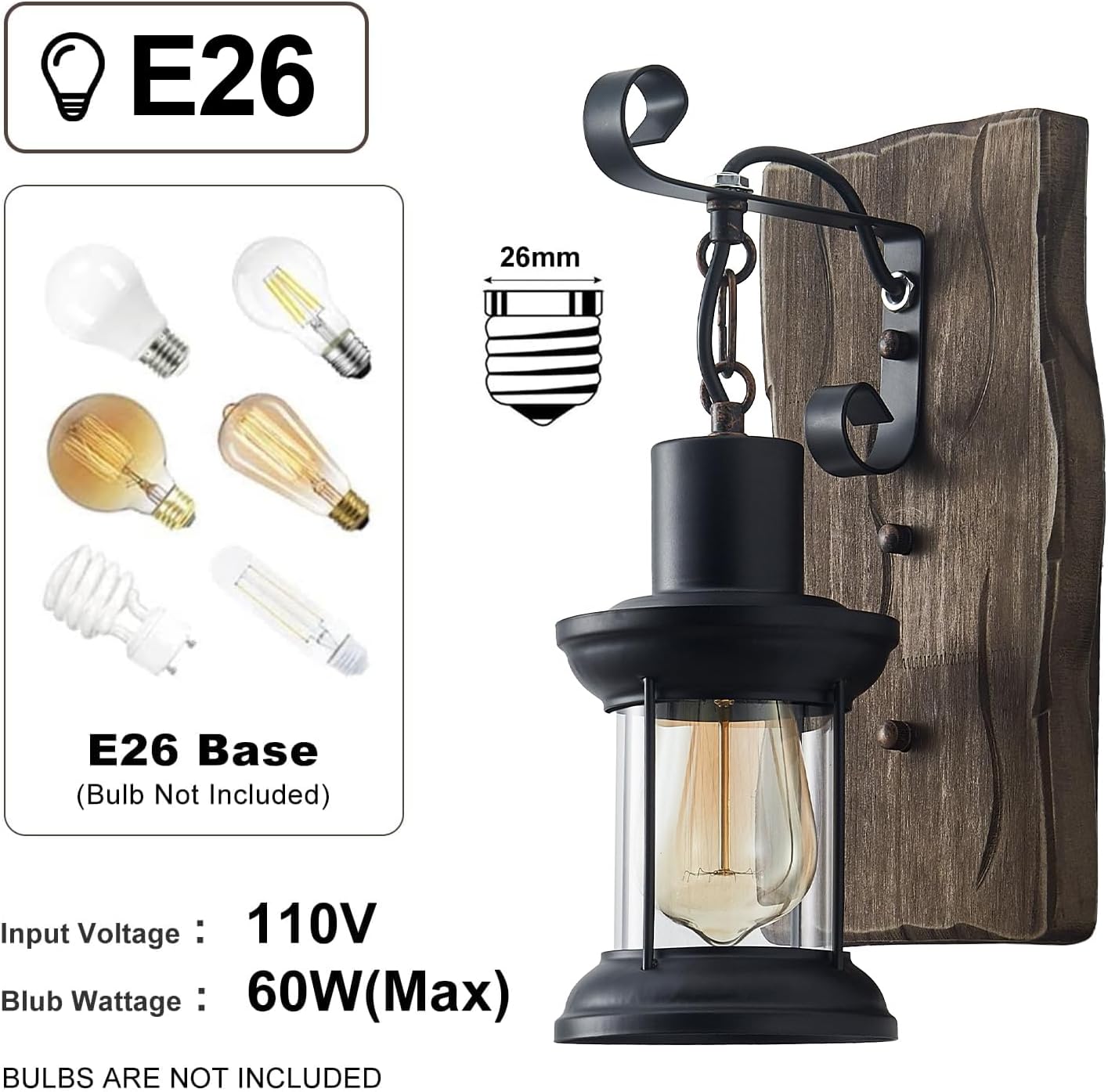 Rustic Industrial Wall Sconces, Black Metal Lantern with Wood Backplate, Farmhouse Indoor Light Fixture for Dining Room, Hallway, Porch
