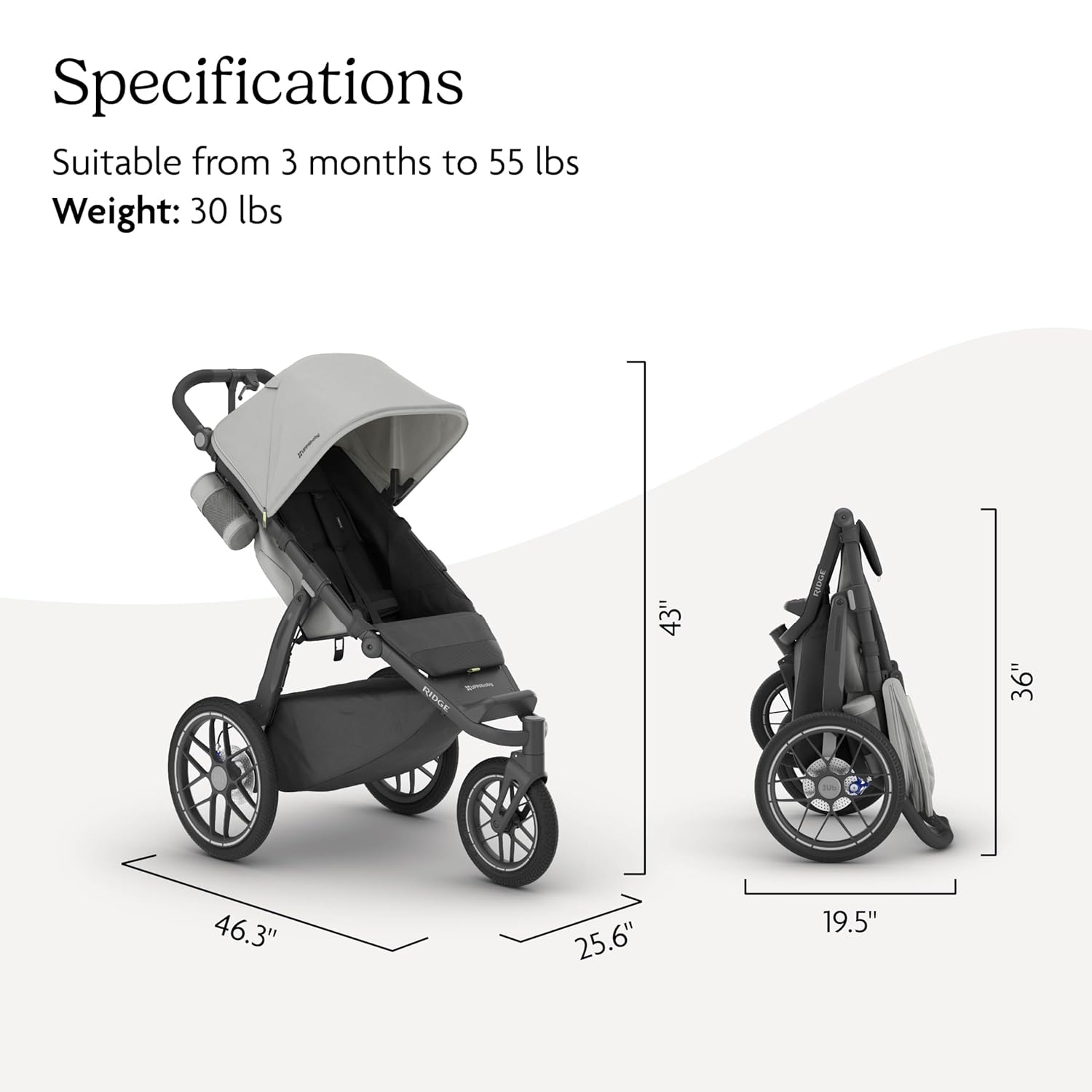 UPPAbaby Ridge V2 Jogging Stroller | All-Terrain Performance Suspension + Never-Flat Tires Built for Walking, Running + Trails | Water Bottle Holder Included | Savannah (Pearl Grey | Carbon Frame)