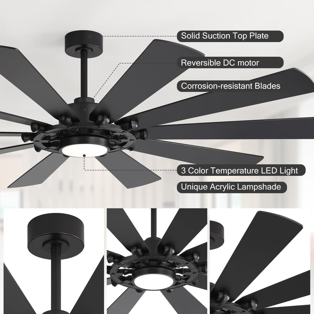 72-Inch Large Room Ceiling Fan with LED Light, 10-Blade Industrial Windmill Fan, Quiet DC Motor with Remote Control, Modern Downrods Mount Ceiling Fan for Great Room, Living Room, Bedroom, Shop