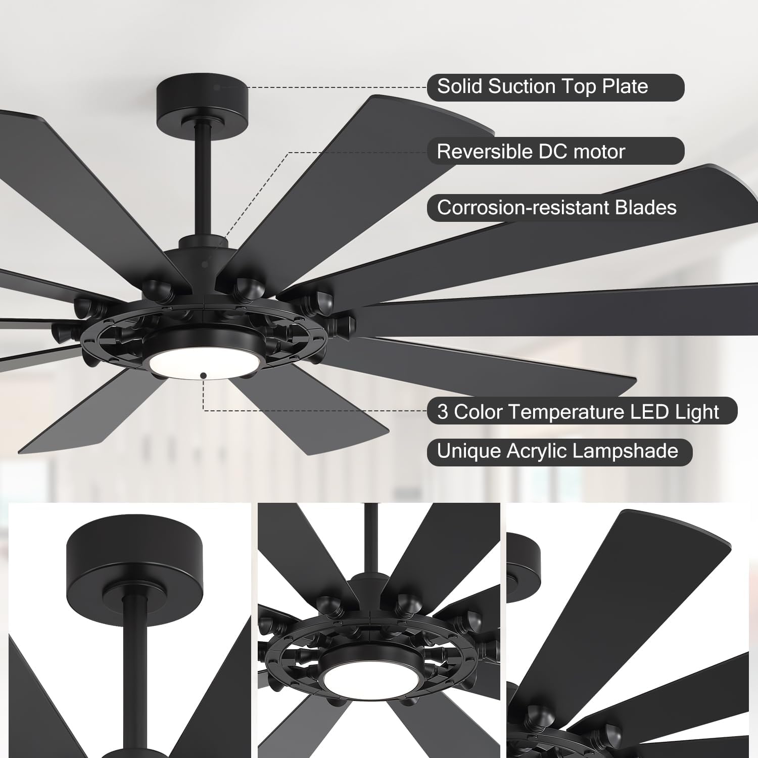72-Inch Large Room Ceiling Fan with LED Light, 10-Blade Industrial Windmill Fan, Quiet DC Motor with Remote Control, Modern Downrods Mount Ceiling Fan for Great Room, Living Room, Bedroom, Shop