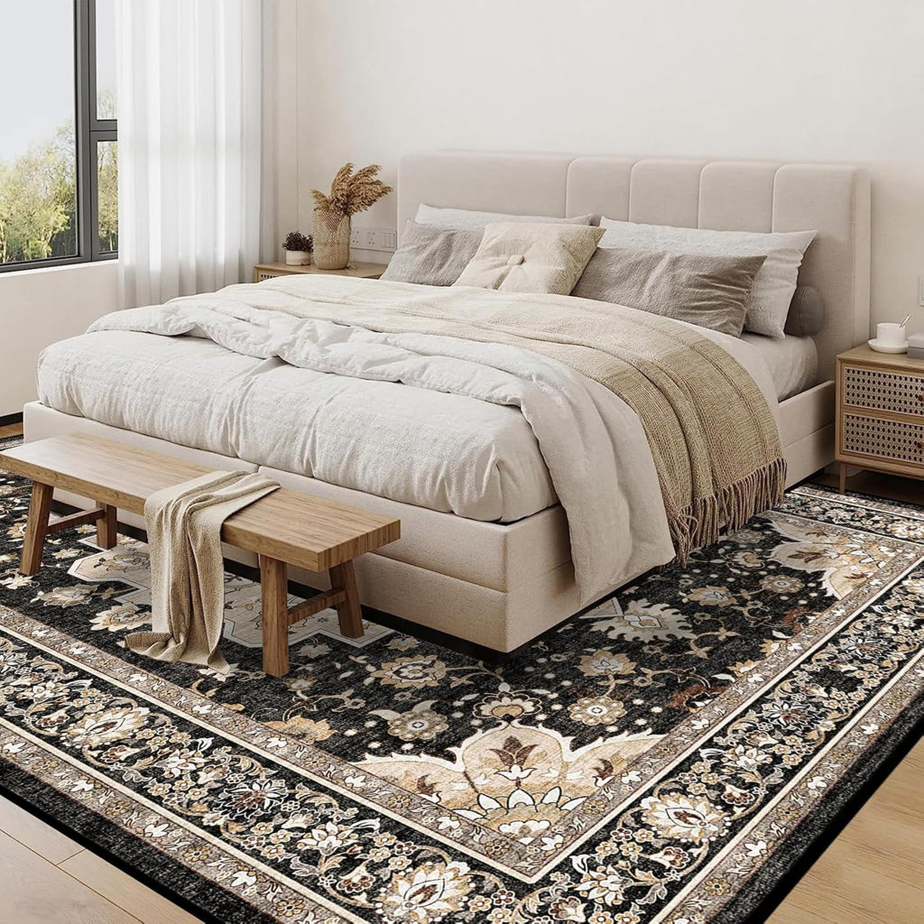 Washable Living Room Area Rug: 8x10 Oriental Stain Resistant Rugs for Living Room Medallion Non-Slip Carpet for Dining Room Soft Distresses Floor Mat for Bedroom Home Office (8x10 Black)