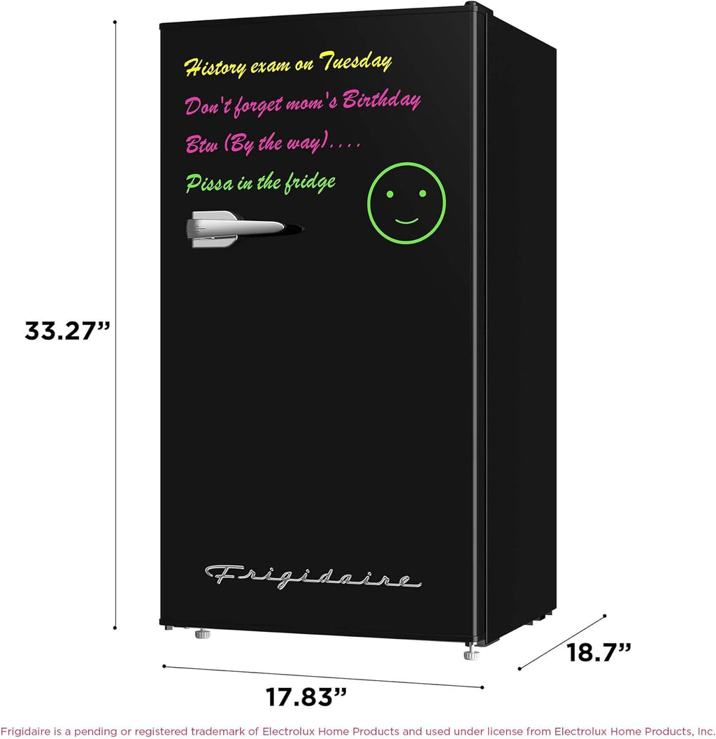 Frigidaire EFR331 Single Door Compact Refrigerator - Adjustable Thermostat Control - Reversible Doors - Front Blackboard, Write and Erase - Ideal for Dorm, Office, RV, Room - Black, 3.2 Cubic Feet