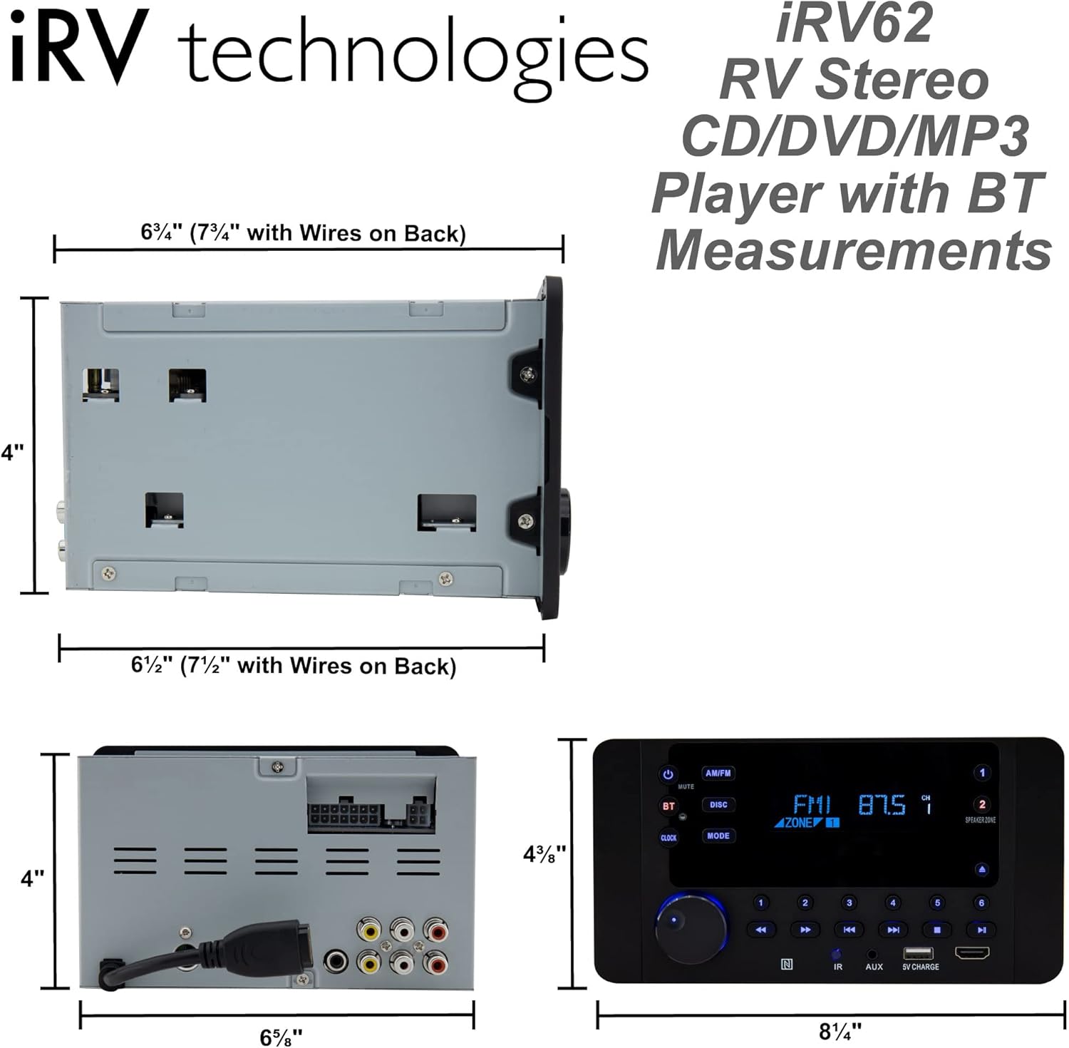 IRV Technology iRV62 Wallmount RV Stereo with Bluetooth HDMI ARC, App Control, FM|AM|DVD|CD|MP4|App, NFC, USB Charging, Digital Surround Sound, Clock, 2-Speaker Zone, CEC Support