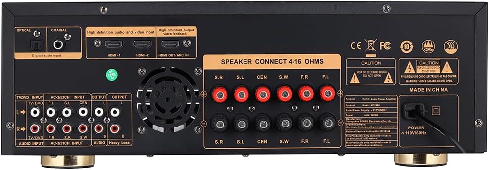 Stereo Receivers,5.1 Channels Audio Amplifier with HDMI,Optical/Coaxial,Bluetooth/USB,RCA,AC-3 Input,Subwoofer Output for Karaoke,Home,Theater Speakers(Non-Dolby/DTS)