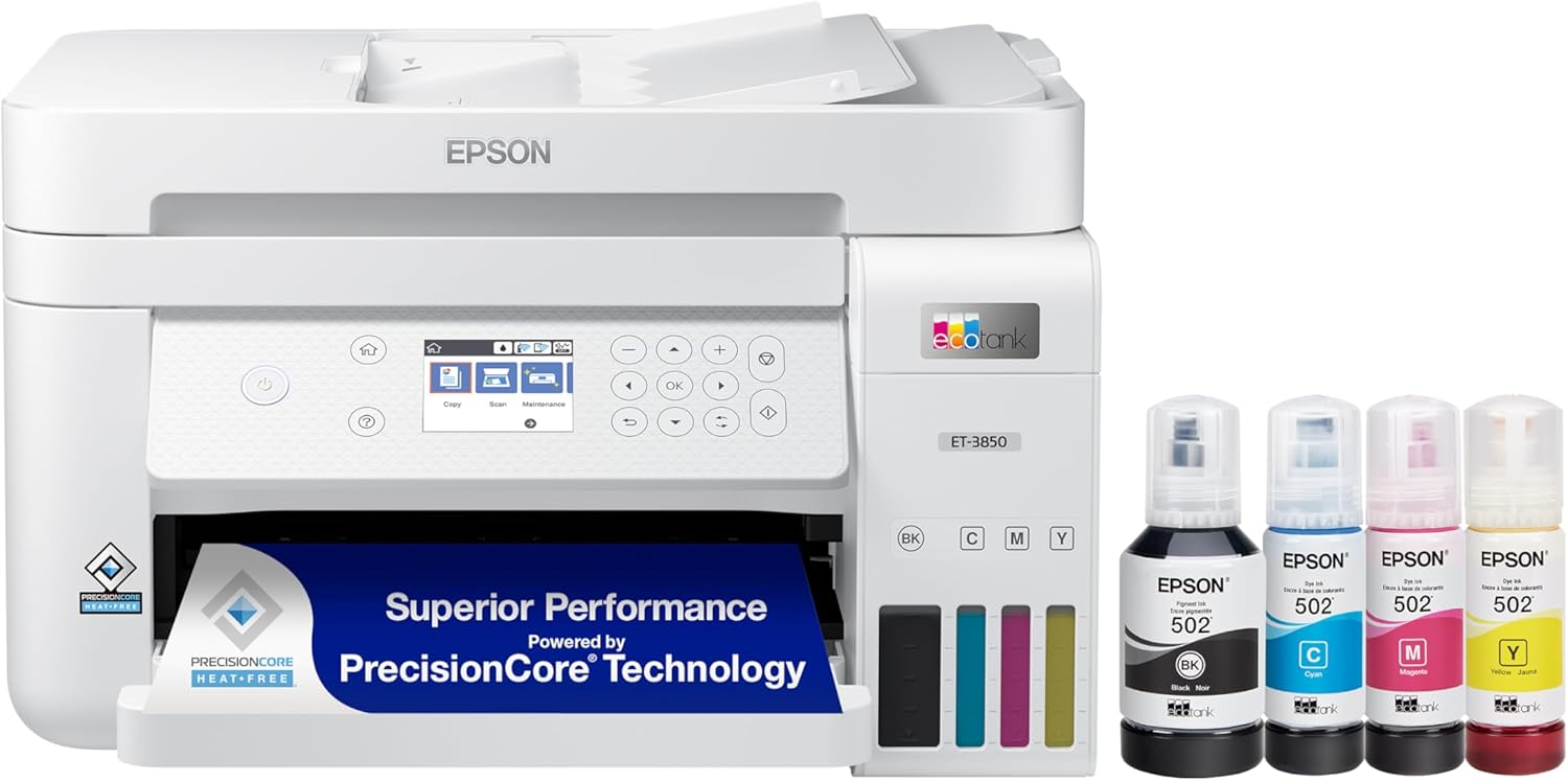 Epson EcoTank ET-3850 Wireless Color All-in-One Cartridge-Free Supertank with Scanner Copier, ADF and Ethernet â€“ The Perfect Printer Home Office,White