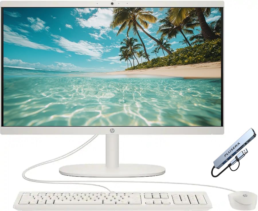 HP 21.5" FHD All-in-One Desktop Computer, 8GB RAM 128GB UFS, Quad-Core Intel N100 Processor, Keyboard & Mouse Included, PLUSERA 8-in-1 Hub, Windows 11 Home, White