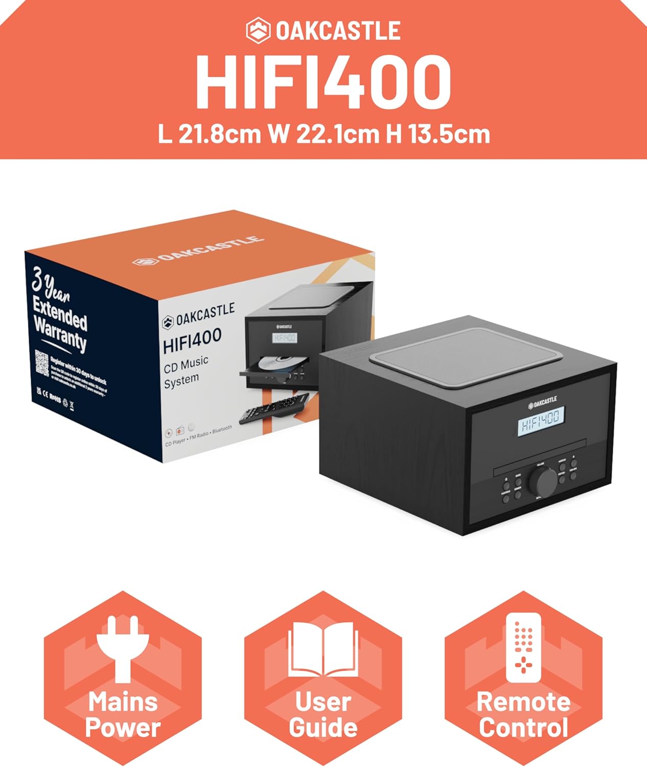 Home Stereo System with CD Player Bluetooth & Radio | 40W FM Radio, Solid Wood Build, 30 Presets, and Alarm | Multi Format Support, CD Player for Home, Compact Music System | Oakcastle Hifi400