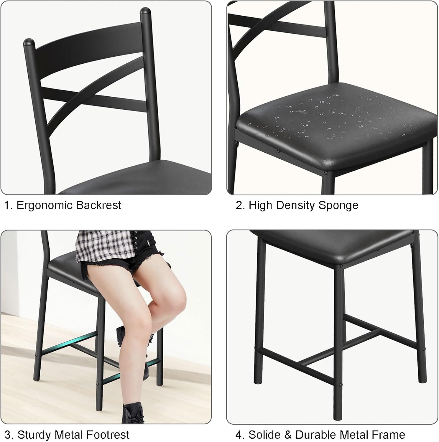 22" Bar Stools Set of 4, Counter Height Bar Stools with PU Upholstered Seat, Metal Frame Kitchen Bar Chairs with X-Design Back and Footrest for Kitchen Island, Counter Bar, Dining Room, Black